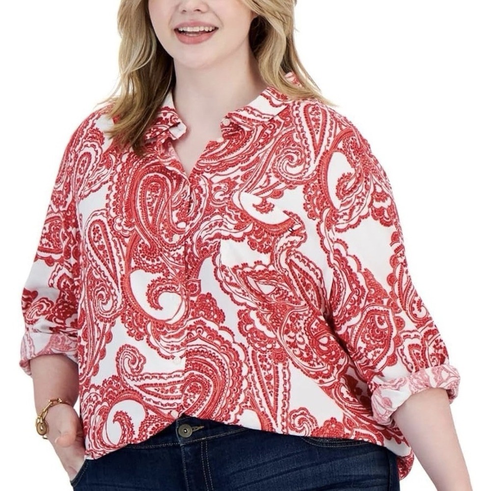 Tommy Hilfiger Women's Red Paisley Roll-Tab-Sleeve Button Down Shirt Plus SZ 1X